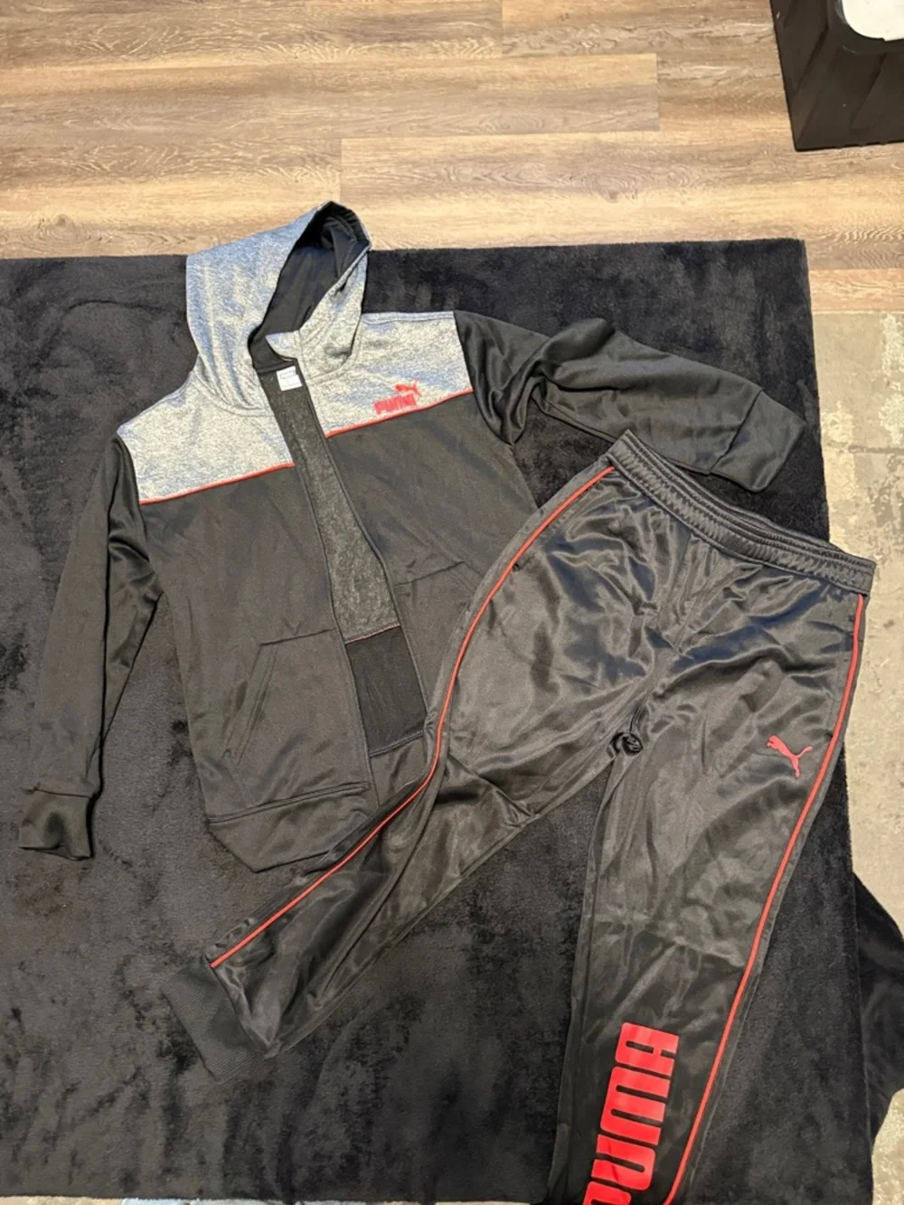 Puma Black & Gray Zip Hoodie with Black Track Pants and Red Accents - Picture 3 of 4